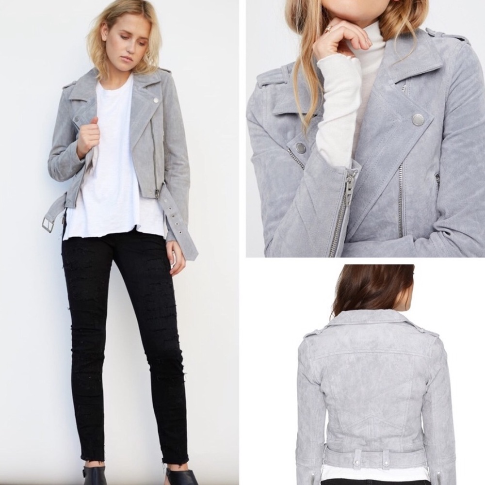 BLANK NYC Women’s Suede Moto Jacket in Cloud Gray Size M Belted Hem